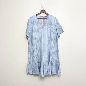 Asos Striped Peplum Mini Dress Size 16 Women's Blue Green Cotton Linen Blend